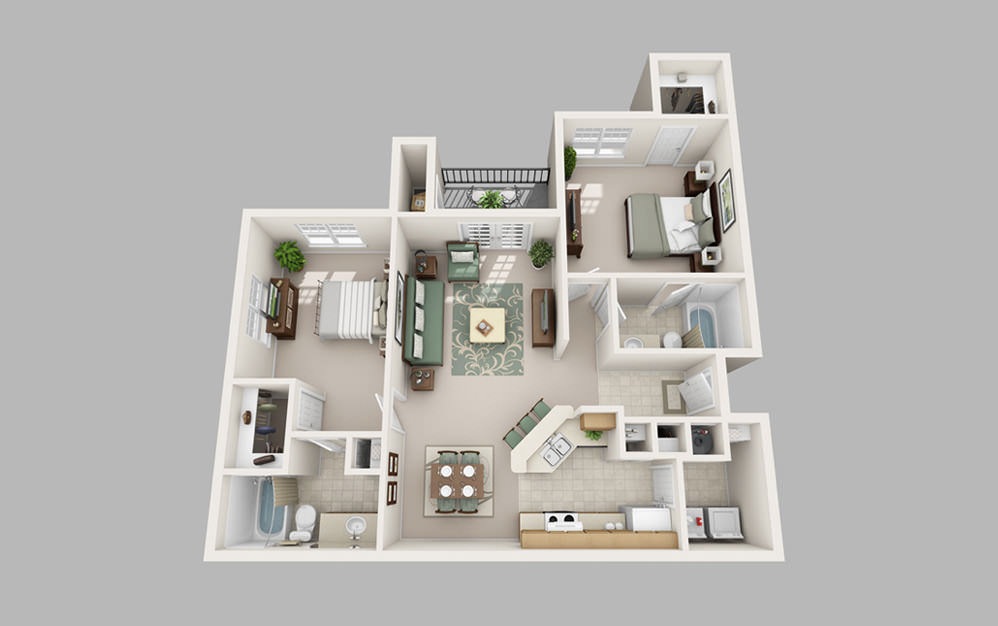 Dilworth - 2 bedroom floorplan layout with 2 baths and 1168 square feet.